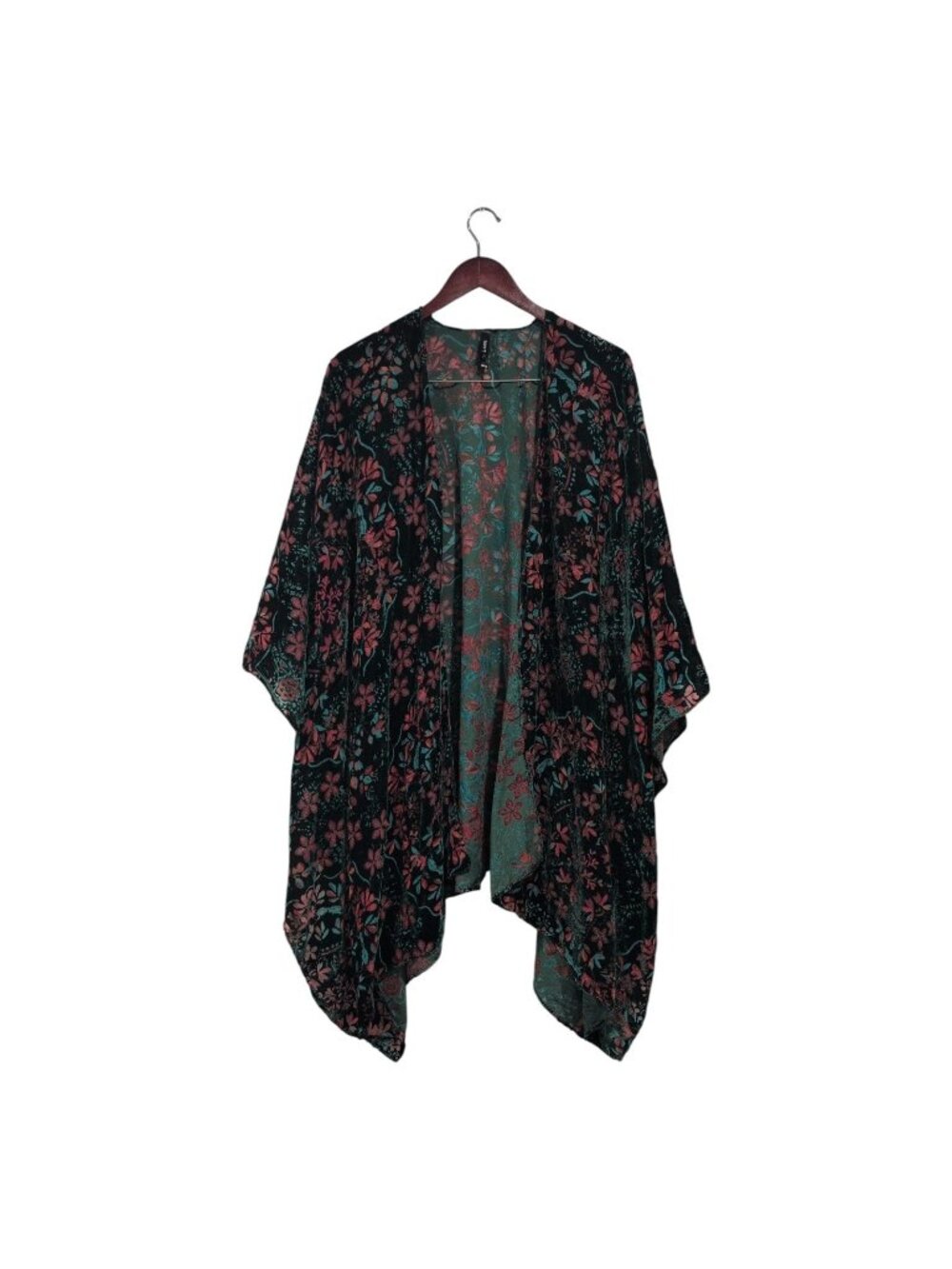 Torrid Duster Cover Up Womens OS Floral Velvet Burnout Kimono Green Rose Shawl